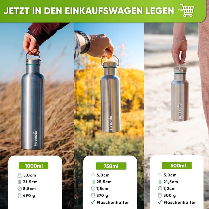 Термос-пляшка з нержавіючої сталі Premium 750 мл з щіткою з натуральної щетини | Ізольована, не протікає, для спорту та відпочинку | Без BPA, срібляста