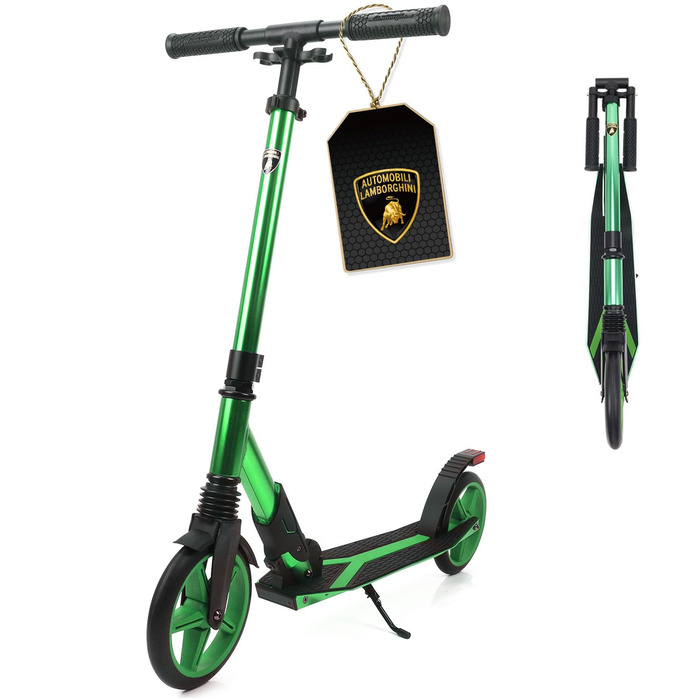 Скутер Lamborghini Tretroller Cityroller Big Wheel: складний, регульована висота, для дорослих та дітей, з підставкою, передньою підвіскою та гальмом на задньому колесі, до 100 кг (зелений)