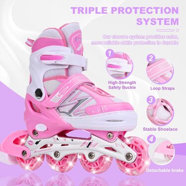 Дитячі ролики-інлайни з підсвічуванням, регульовані, для хлопчиків та дівчаток, рожево-білі, розмір L