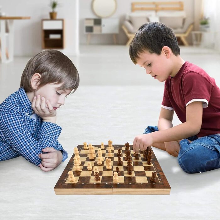 Шаховий набір дерев'яний 3 в 1 з шахами, шашками та настільною грою, преміум-якість, складаний, для дітей та дорослих, 24 см