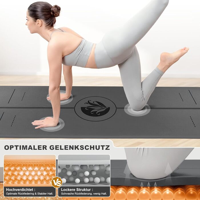 Протиковзкий килимок для йоги, пілатесу та фітнесу з еко-натурального каучуку та TPE, з лініями розмітки та ременем для перенесення, темно-сірий, 4 мм