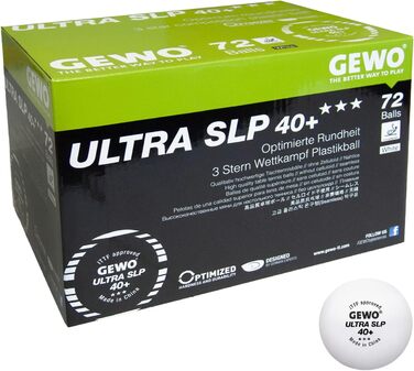 GEWO Ultra SLP 3-зіркові тенісні м’ячі для настільного тенісу, пластикові 40+ мм, безшовні, ITTF сертифікат, професійні, білі, 72 шт.