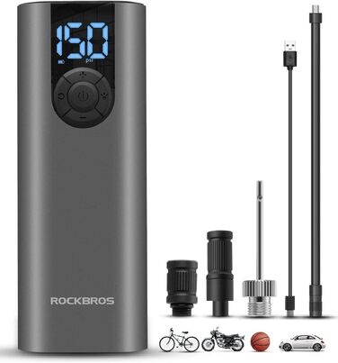 ROCKBROS Електричний насос-автокомпресор 2600mAh, 150PSI для авто, мото, велосипедів, м'ячів з LED та датчиком тиску