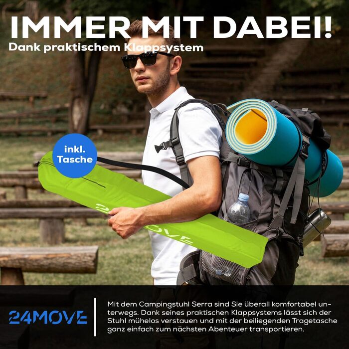 Складний стілець 24MOVE® для риболовлі, кемпінгу та відпочинку на природі - рибальський стілець, туристичний стілець, садова меблі, зелений