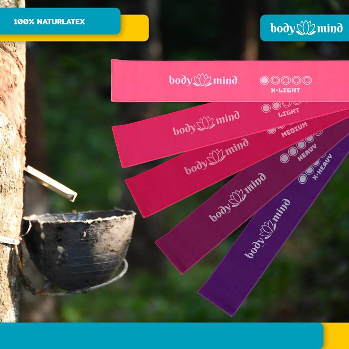 Еластичні стрічки для фітнесу Body & Mind® 5 шт. - набір стрічок для силових тренувань, йоги, пілатесу та фітнесу; 100% латекс (рожевий)