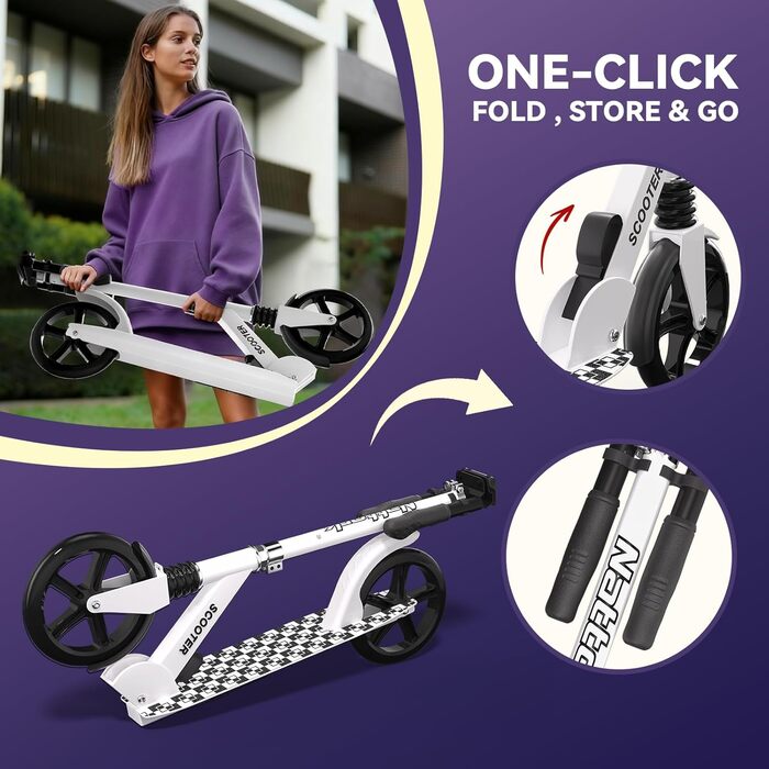 Nattork 8-дюймовий самокат з міцними колесами для підлітків та дорослих - 100 кг, амортизатор переднього колеса та регульоване кермо (білий)