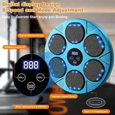 Музична боксерська машина з Bluetooth, електронна, з боксерськими рукавичками, 9 швидкостей, LED, для дорослих і дітей