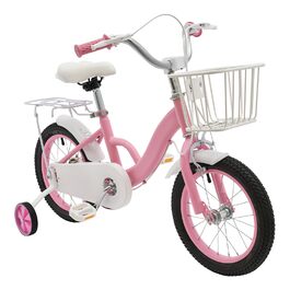 Дитяче велосипед 14 дюймів з додатковими колесами та кошиком, рожевий. Підходить для дітей 3-7 років, регульована висота сідла.