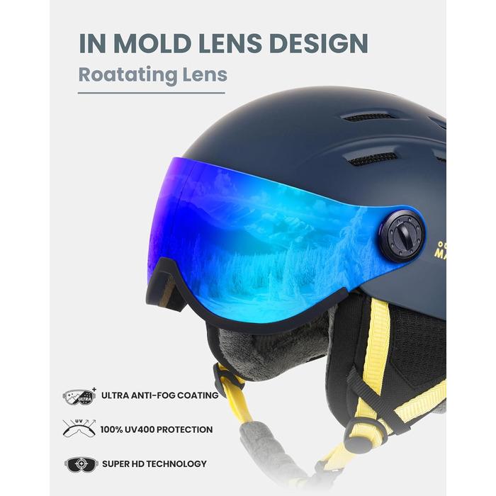 Шолом Outdooraster для сноуборду та лиж, маска 2-в-1, знімна, захисний EPS, 14 вентиляційних отворів, для чоловіків, жінок та підлітків (блакитний, розмір M)