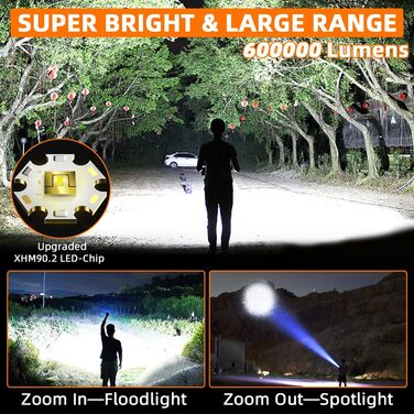 Ліхтар тактичний LED Azyvum, 1000000 люмен, Zoom, 5 режимів, водонепроникний IP67, для кемпінгу, риболовлі, туризму, надзвичайних ситуацій (чорний)