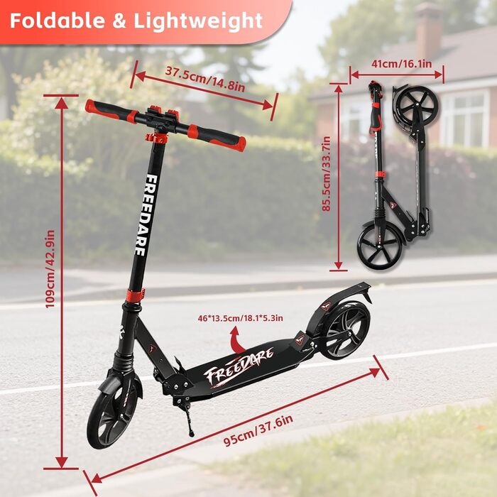 Самокат FREEDARE Cityroller складний для дітей та дорослих, колеса 200 мм, до 100 кг (Чорно-червоний)