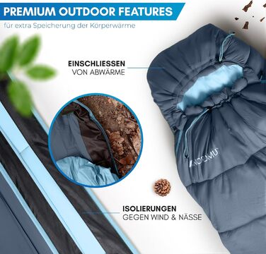 Сплячий мішок NORDMUT® Winter -10°C до 0°C, компресійний, для кемпінгу та трекінгу, 1.8 кг, водонепроникний, 350 GSM (Морський)