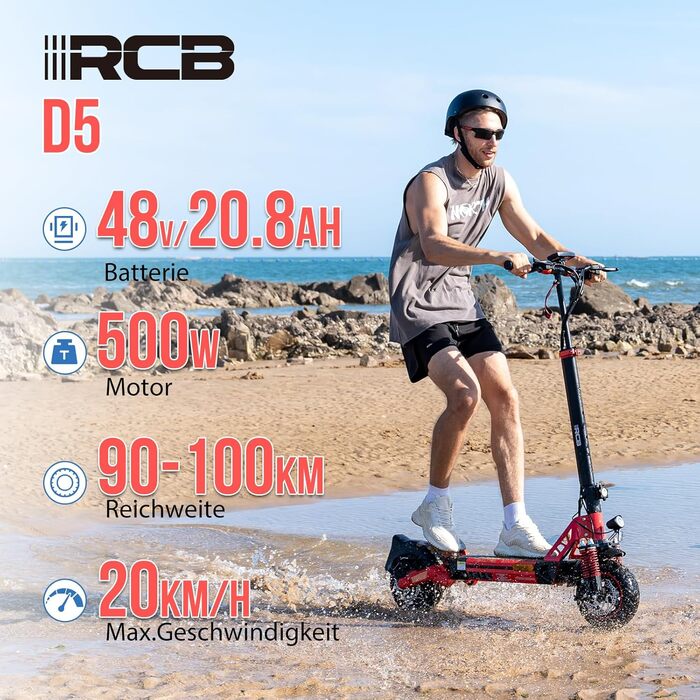 Електросамокат RCB D5 з дорожнім допуском, 90-140 км, акумулятор 20,8-27 Ah, мотор 500 Вт, 10'' антипрокольні колеса, додаткова амортизація, складаний, керування через додаток, чорний-червоний