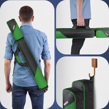 Чохол для більярдних київ 2x2 на 2 киї з кишенями на блискавці для аксесуарів, міцний, поліестер, з плечовим ременем та ручкою, м'який, для жінок та чоловіків, зелений/чорний