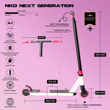 Трюковий самокат NKD Stunt Scooter (Біло-Рожевий) - Алюмінієвий, ABEC-9, 360° обертання керма для фристайлу
