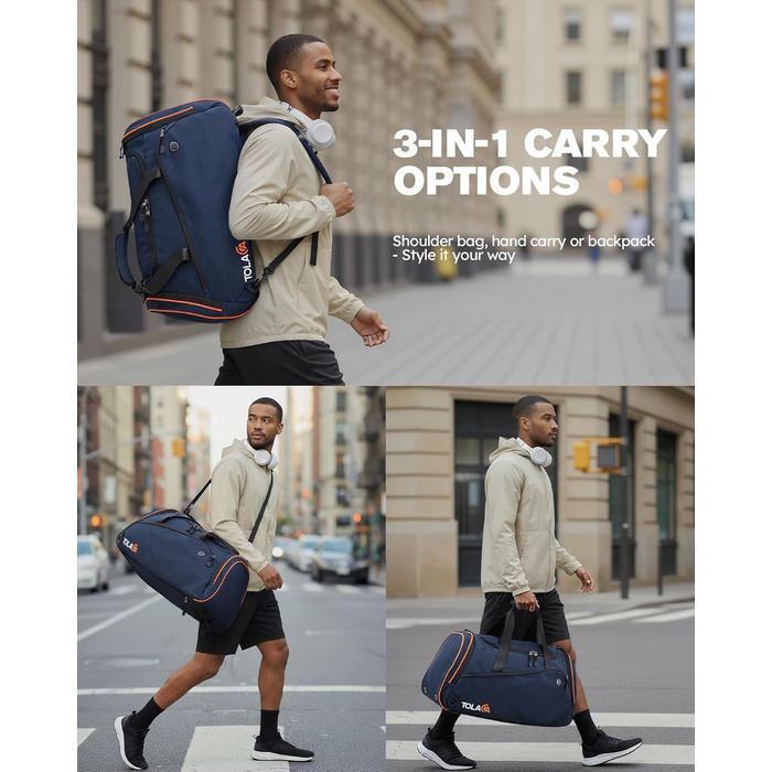 Спортивна сумка Tolaccea 47L з відділенням для взуття та мокрого одягу - рюкзак-дуffel для фітнесу, тренувань, басейну, подорожей (Темно-синій)