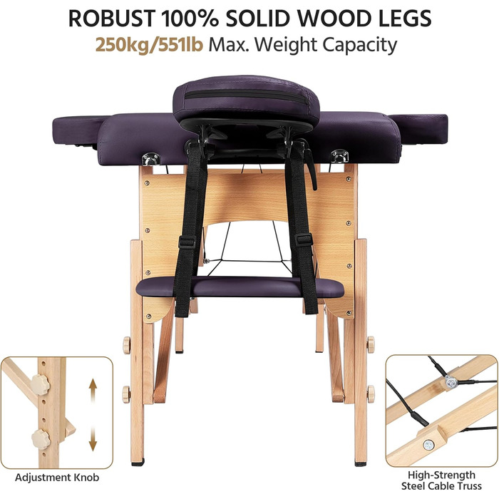 Масажне ліжко Yaheetech з 2 зонами, регульована висота, дерев'яні ніжки, з підголовником та підлокітниками, 213 x 82 x 85,5 см, до 250 кг