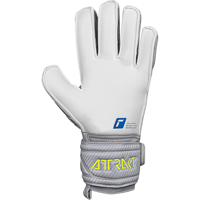 Воротарські рукавички Reusch Attrakt Finger Support для дорослих, з зовнішнім швом і захистом пальців, універсальні для всіх типів футбольних полів, сірі-блакитні-жовті, розмір 10