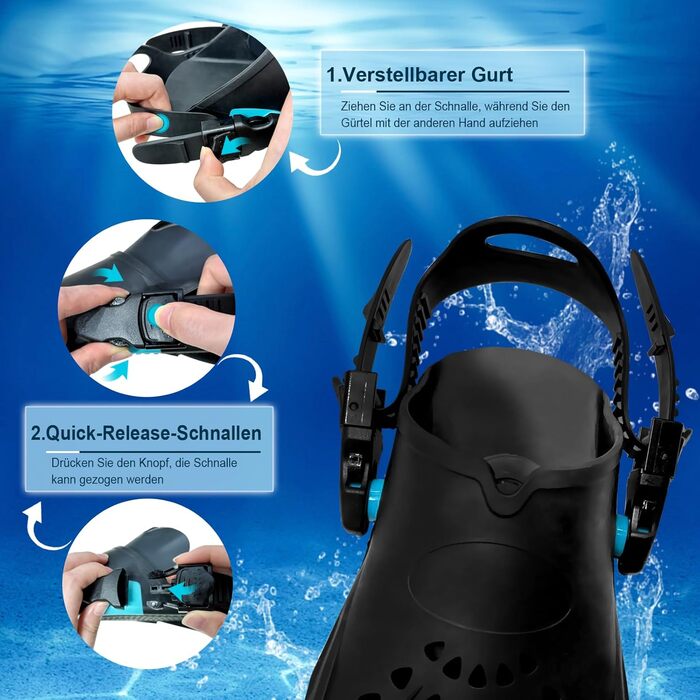 Ласти для плавання Schnorchelflossen S/M (37-41) Cyan: професійні ласти для снорклінгу та дайвінгу з регульованим ремінцем, PP+TPR