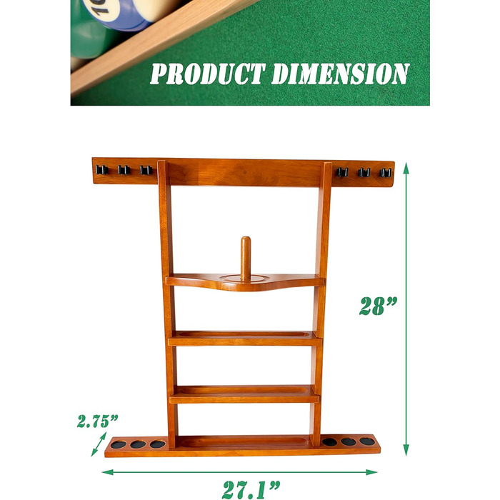 Підставка для бильярдної кулі та кия на стіну, 6 відділень, з масиву дуба, для аксесуарів до більярдного столу