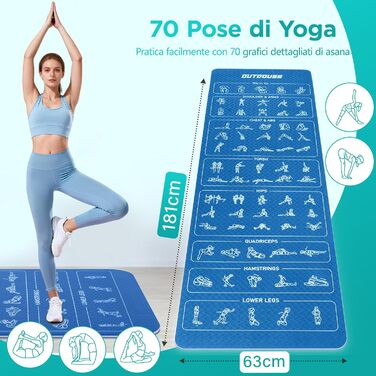 Килимок для йоги Sportmatte – 70 з друкованими позами, неслизький матеріал TPE, для гімнастики, пілатесу, дому та подорожей, фітнес-килимок для жінок та чоловіків, 181x63x0,6 см (Глибокий синій та світло-синій)