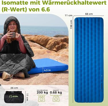 ATEPA ThermAir Ultraleichte Isomatte: Каремат для кемпінгу та хайкінгу, R-6, 11 см, 183x64 см, блакитний
