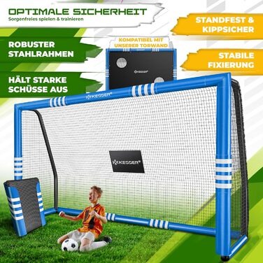 Ворота для футболу KESSER® для саду, 240 см, міцні, для тренувань, з UV-стійким сіткою, сталевий каркас з підкладкою, фіксатори для землі, насос, конуси, аксесуари для монтажу, для дітей та дорослих, блакитні