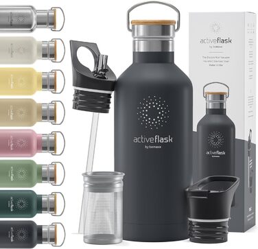 Термобутилка з нержавіючої сталі з трубочкою та інфузером, 950 мл, BPA-free, герметична, для газованих напоїв, 3 кришки, для води, спорту, дітей, чаю, Cool Grey Bamboo