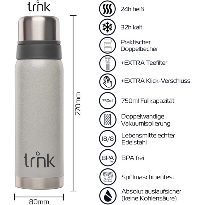 Термос trnk Outdoor polar 2, 750 мл, нержавіюча сталь, BPA-free, з 2 чашками, тримає тепло 24 год, для напоїв, сірий