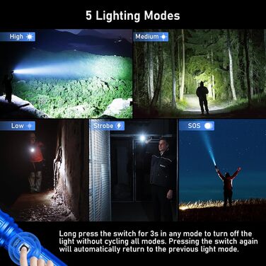 Ліхтар Blukar LED акумуляторний, 500000 люмен, тактичний, 5 режимів, IP67, водонепроникний, для кемпінгу та активного відпочинку (синій)