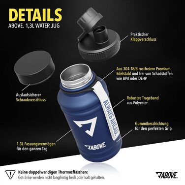 Сталева термофляга ABOVE 1.3L/2.2L – без BPA, не протікає, міцна – 2L металева пляшка з додатковим клапаном для спорту, фітнесу та відпочинку на природі. Якісна подарункова коробка (Синій, 1300 мл)