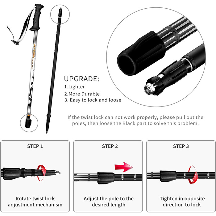 Дитячі телескопічні палиці для скандинавської ходьби та трекінгу FitTrek, регульовані, легкі (чорні) з гумовими наконечниками та сумкою