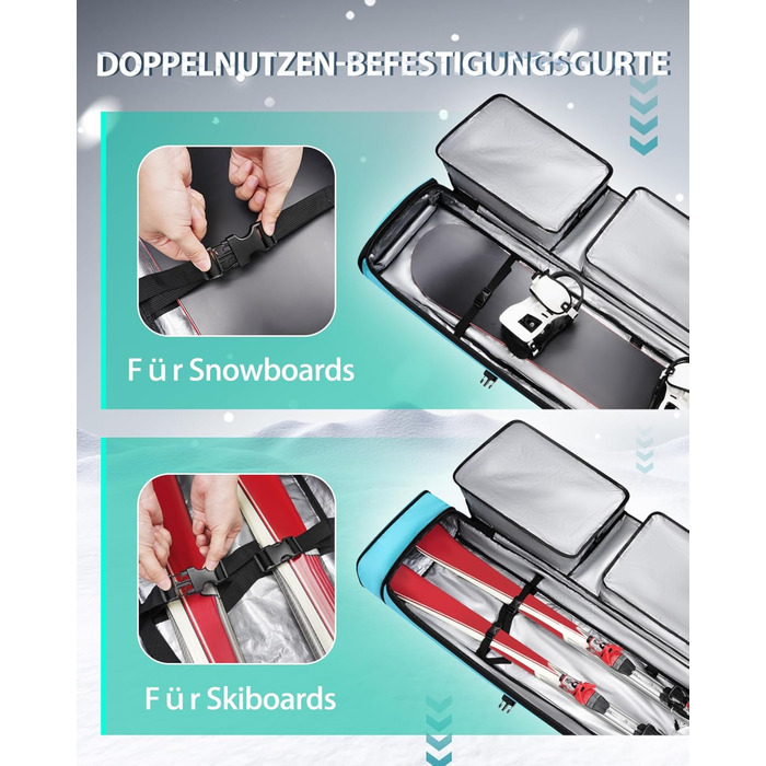 Чохол для сноуборду YOREPEK з колесами, водонепроникний, з 6 кишенями для сноуборду та лиж, розширюваний, 170 см, для подорожей літаком (Світло-блакитний)