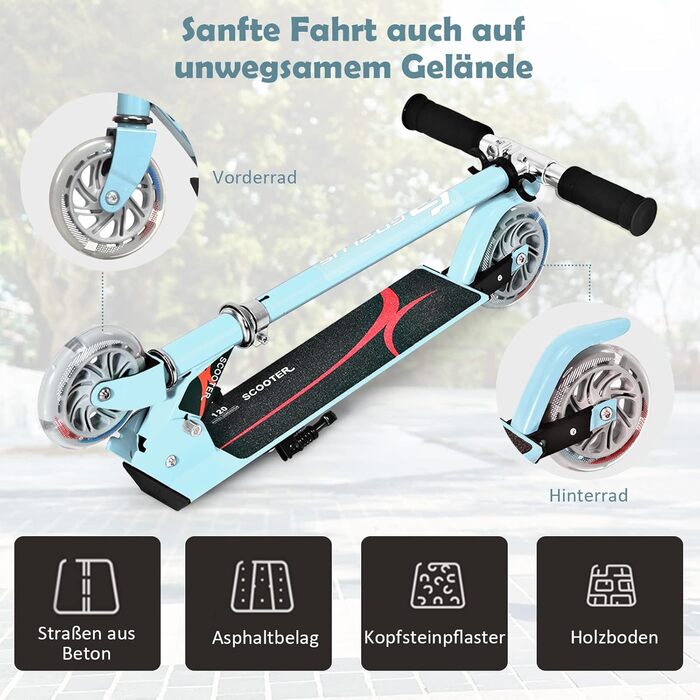 Дитячий ролер GOPLUS Roller Kinder 4, ролер для дітей 4 роки, з LED-підсвіткою, гальмом та підніжкою, регульована висота, алюмінієвий, складний, до 70 кг, блакитний