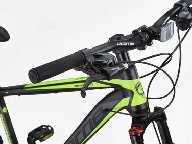 Гірський велосипед Licorne Bike Diamond Premium 27.5'' алюмінієвий, 21 швидкість, дискові гальма, регульована вилка, чорний-лайм, для хлопців, дівчат, чоловіків і жінок