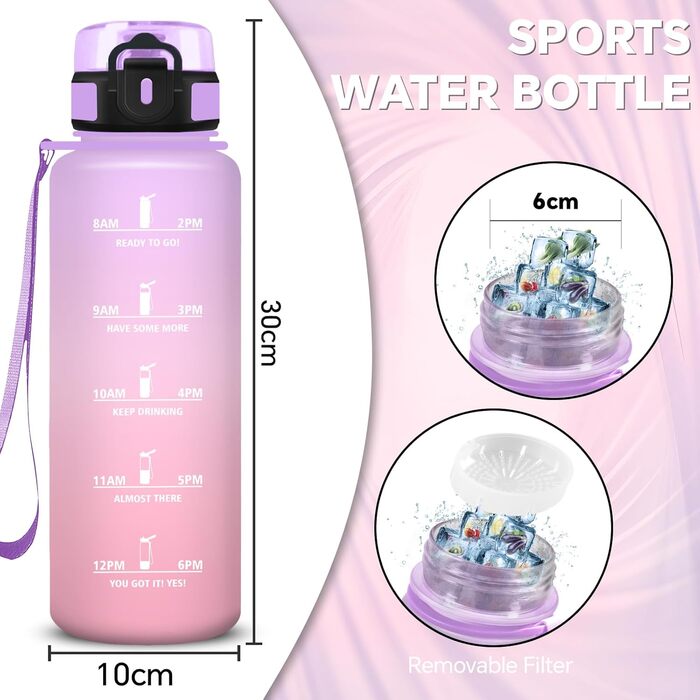 Спортивна пляшка для води 1 літр, без витоку, з позначками часу, для велосипеда, школи, офісу, фітнесу (1500 мл, Ірис-рожевий)