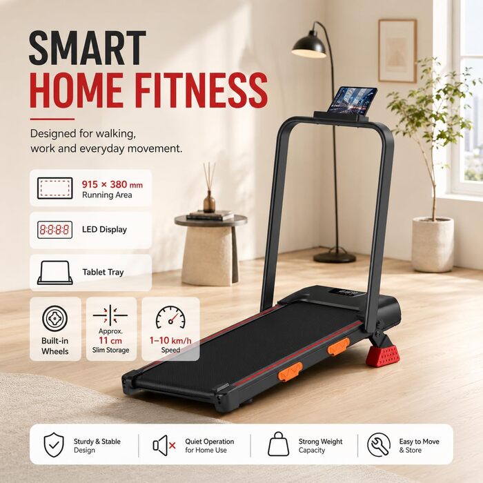 Складана бігова доріжка для дому та офісу 3.0HP з нахилом 10%, Walking Pad з LED-дисплеєм та пультом керування, до 10 км/год, макс. навантаження 136 кг