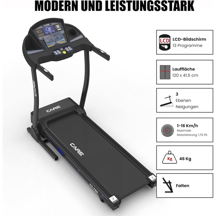 Бігова доріжка Care Fitness CT-705, електрична, складна, моторизований нахил 15 рівнів, 18 програм, сумісність з Kinomap