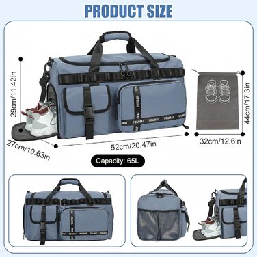 Спортивна сумка для подорожей 65л з відділенням для взуття та мокрих речей, містка сумка в зал та для плавання, синя