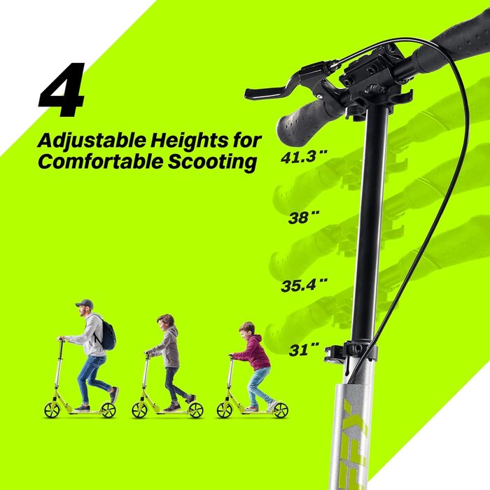 Тролелер ZIFFY для дітей та дорослих, 6-12 років, зелено-фіолетовий, діаметр коліс 200 мм, ABEC-9, амортизація, складаний алюмінієвий каркас, регульований кермо 79-106 см, ручне гальмо, вантажопідйомність 118 кг