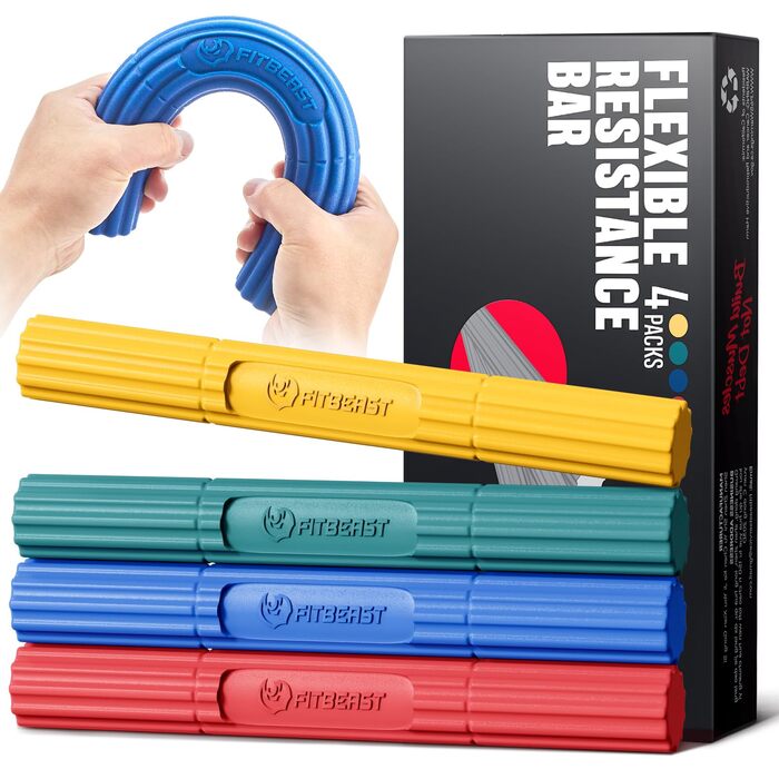 FitBeast Flex Therapy Bar – Набір еластичних тренувальних паличок для терапії ліктя (4 шт): жовтий, зелений, синій, червоний. Для гольфу, тенісу, тендиніту.