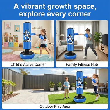 Боксерський мішок надувний для дітей 168 см з рукавичками та насосом, блакитний, з мотивом бійця, для дому, 5-12 років, для Karate та Taekwondo