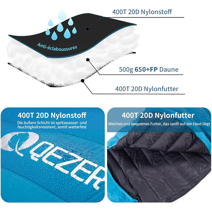 Спальний мішок Daunenschlafsack: теплий зимовий спальник з гусячим пухом 650 fill power, сертифікат RDS. Температурний режим: +8°C до -30°C. Ідеальний для кемпінгу та альпінізму. Колір: блакитний