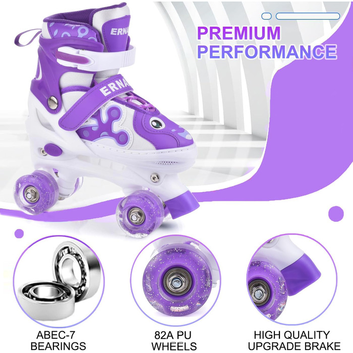 Роликові ковзани ERAN для дітей та дорослих, регульовані, світлодіодні, комфортні, ідеальні для початківців та подарунок на свята, фіолетовий колір