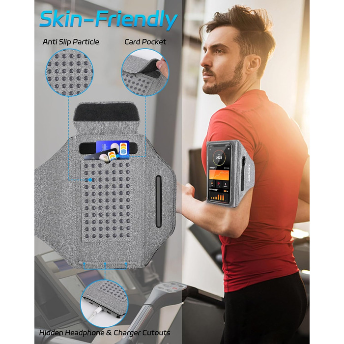 Спортивний браслет для телефону: підставка для бігу, кишенька для навушників, сумісний з iPhone 17/16/15/14/13 Pro Max, Galaxy S25/S24/S23 Ultra (до 6.9 дюймів, світло-сірий)