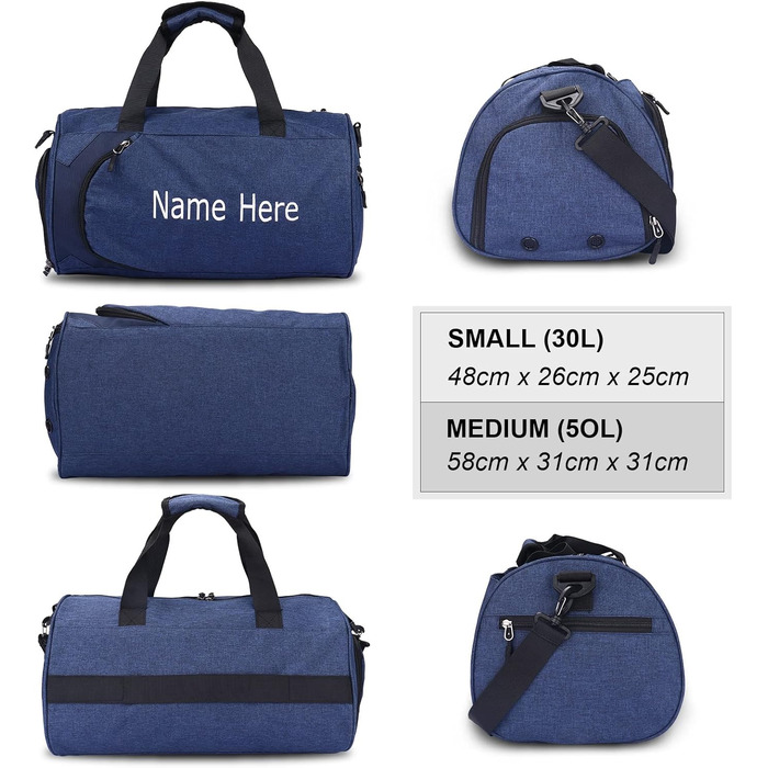Персоналізована спортивна сумка для подорожей з вишивкою, індивідуальний напис, відділення для взуття та вологих речей (Синя)