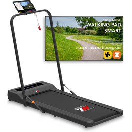 Електрична бігова доріжка та Walking Pad 2 в 1 YM, компактна, чорна, з поручнем і тримачем для планшета, Bluetooth-динаміки, сумісна з KINOMAP і ZWIFT, дистанційне керування, 6 програм
