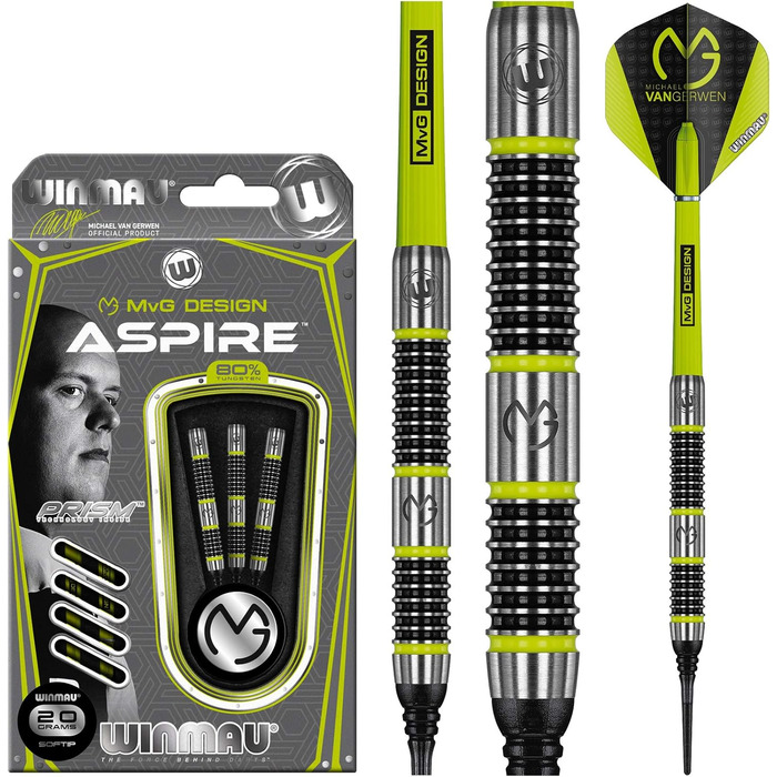 Дротики WINMAU Michael Van Gerwen Aspire 20 г, професійні, вольфрамові, для софттипу, з оперенням та стержнями
