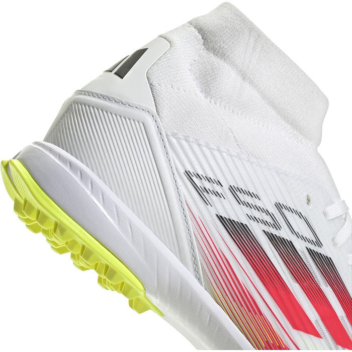 Жіночі футбольні бутси adidas F50 League Mid для гри на траві, розмір 38 2/3 EU, кольори: Cloud White, Lucid Red, Solar Yellow