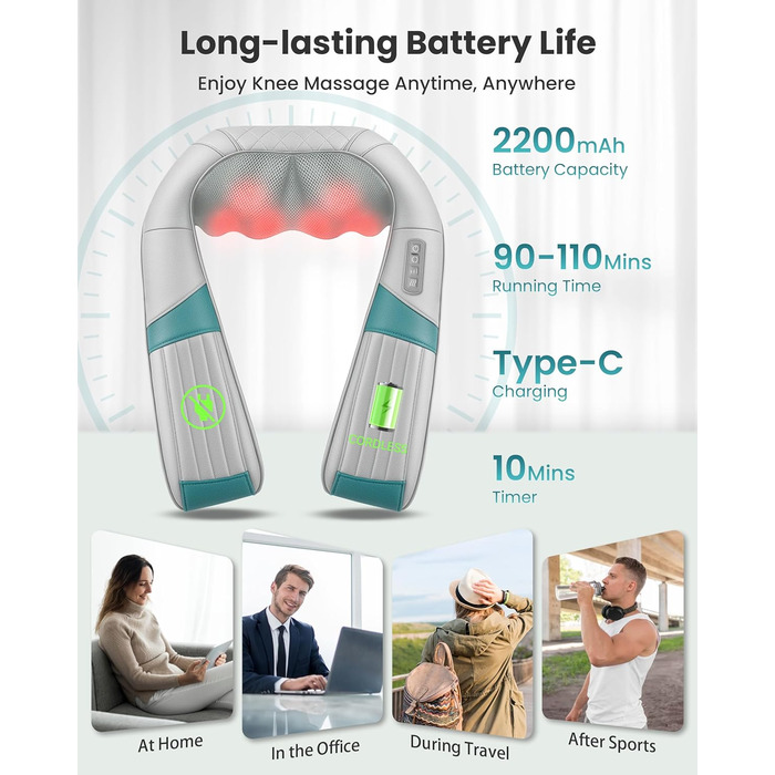 Масажер для шиї та плечей Snailax з підігрівом, акумуляторний Shiatsu 4D, для шиї, плечей, спини, подарунок, сірий та зелений